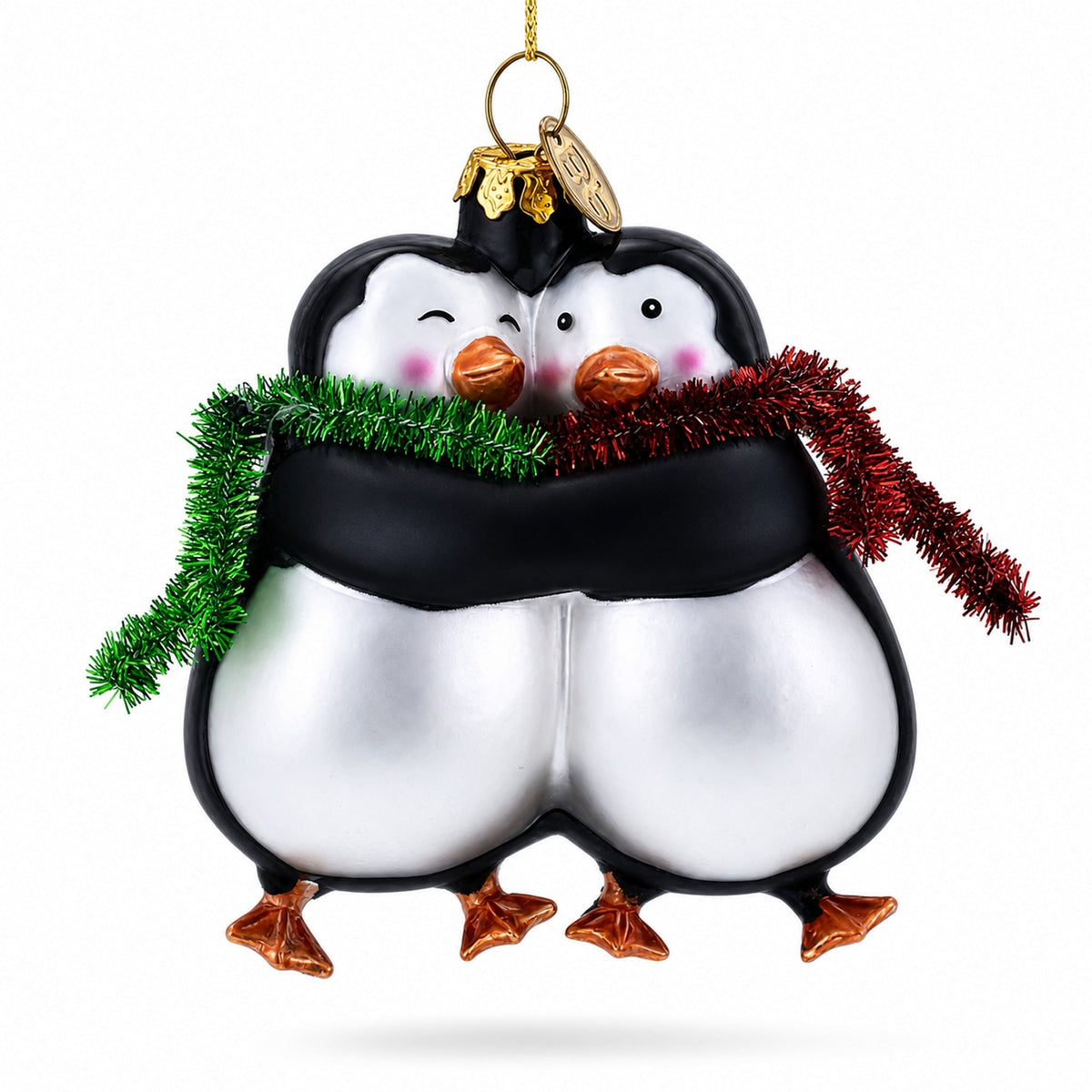 Penguin Couple in Love Glass Christmas Ornament