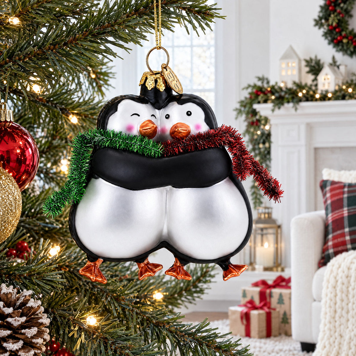 Penguin Couple in Love Glass Christmas Ornament