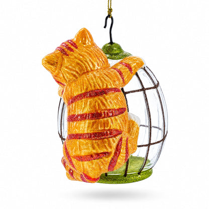 Curious Cat and Caged Bird Glass Christmas Ornament