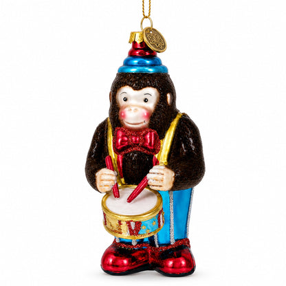 Fluffy Monkey Drumming Glass Christmas Ornament