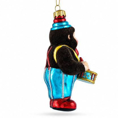 Fluffy Monkey Drumming Glass Christmas Ornament