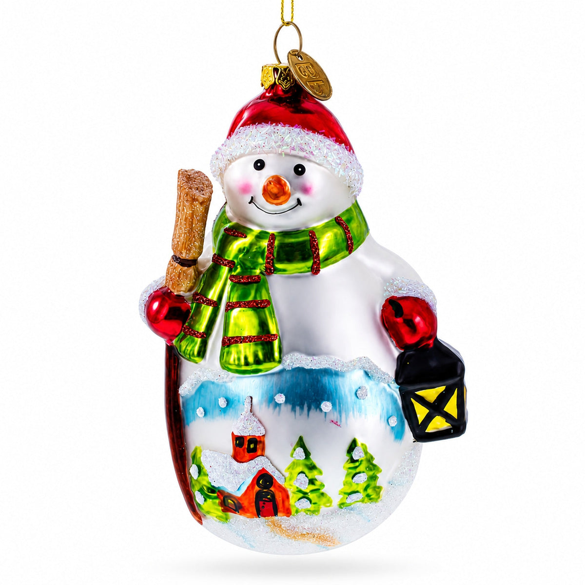 Snowman Holding Broom and Lantern Glass Christmas Ornament