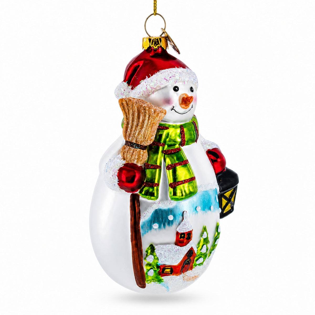 Snowman Holding Broom and Lantern Glass Christmas Ornament