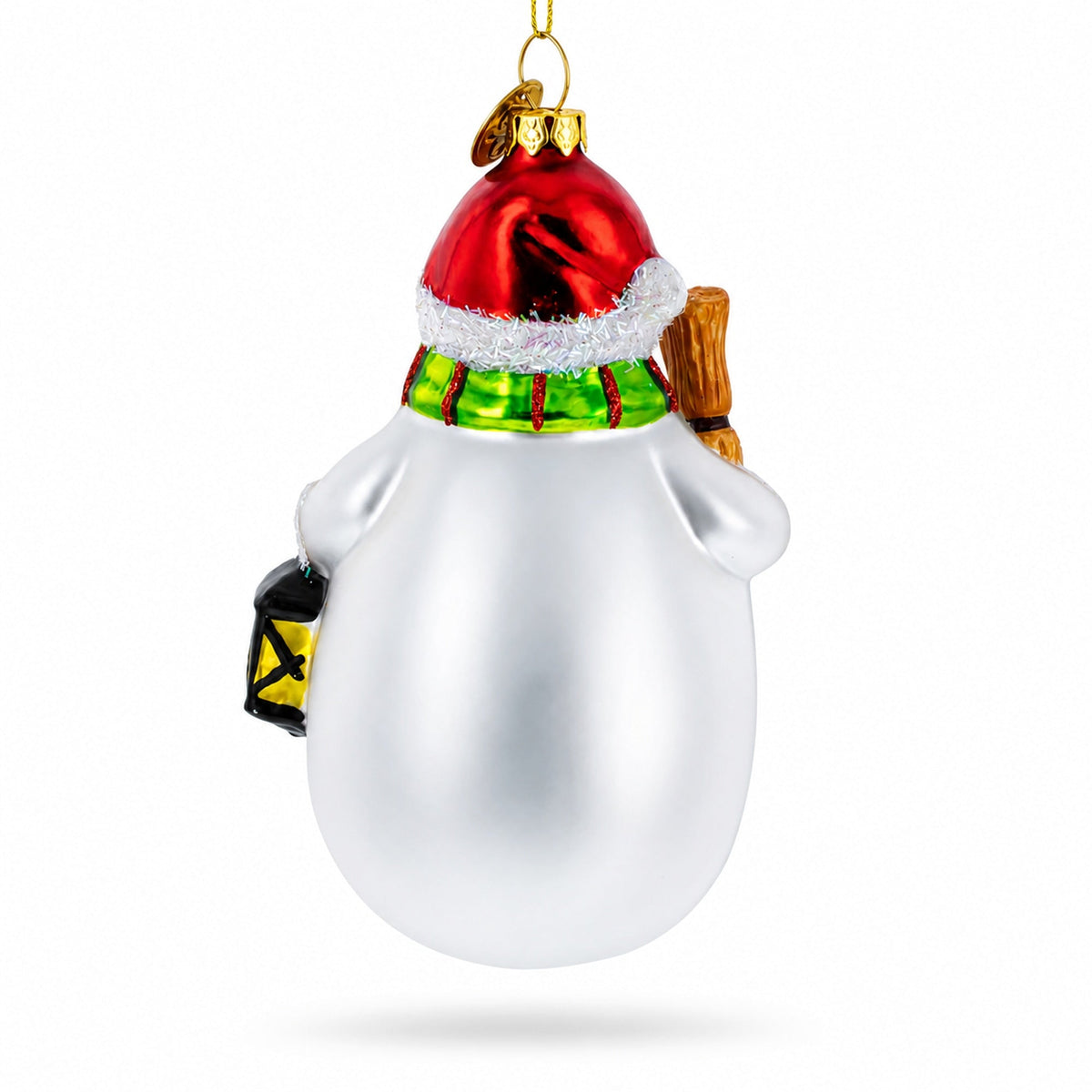 Snowman Holding Broom and Lantern Glass Christmas Ornament