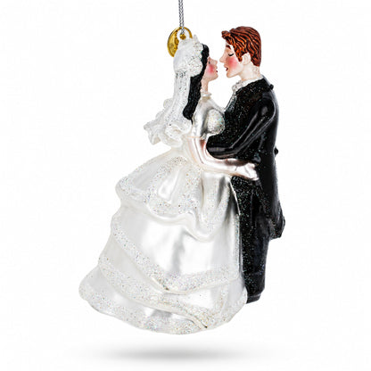 Bride and Groom Wedding Kiss Glass Christmas Ornament