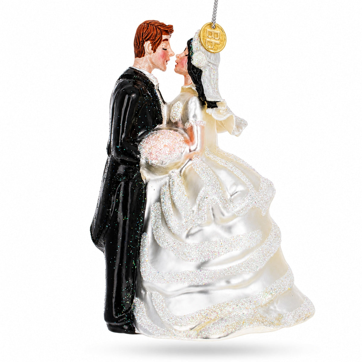 Bride and Groom Wedding Kiss Glass Christmas Ornament