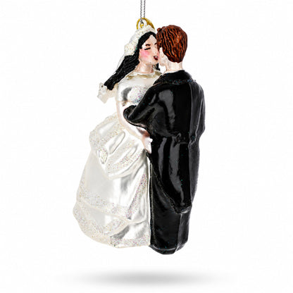 Bride and Groom Wedding Kiss Glass Christmas Ornament