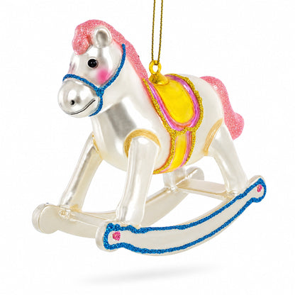 Vintage Pink and White Rocking Horse Glass Christmas Ornament