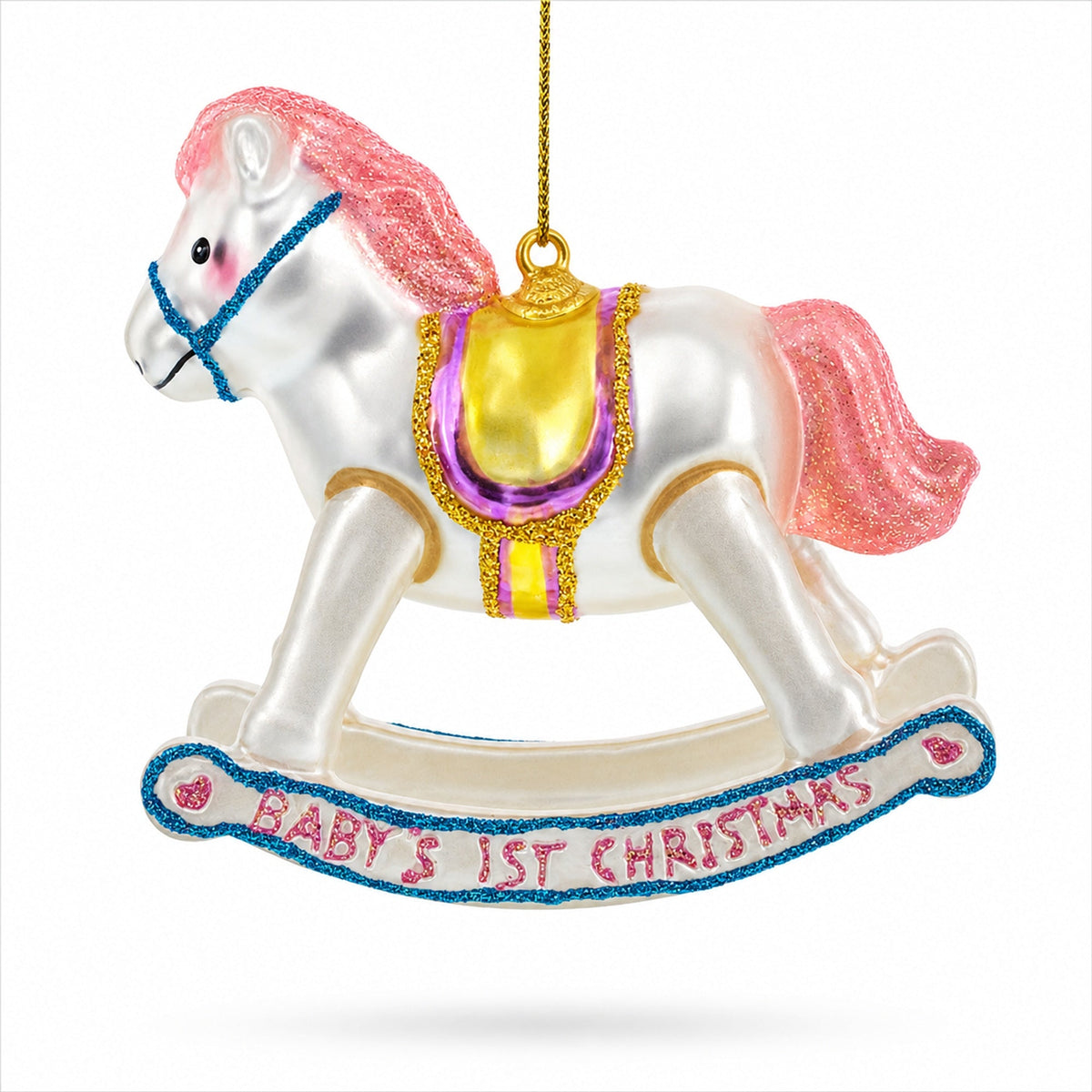 Vintage Pink and White Rocking Horse Glass Christmas Ornament