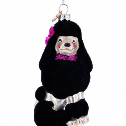 Black Poodle Dog with Faux Fur Glass Christmas Ornament