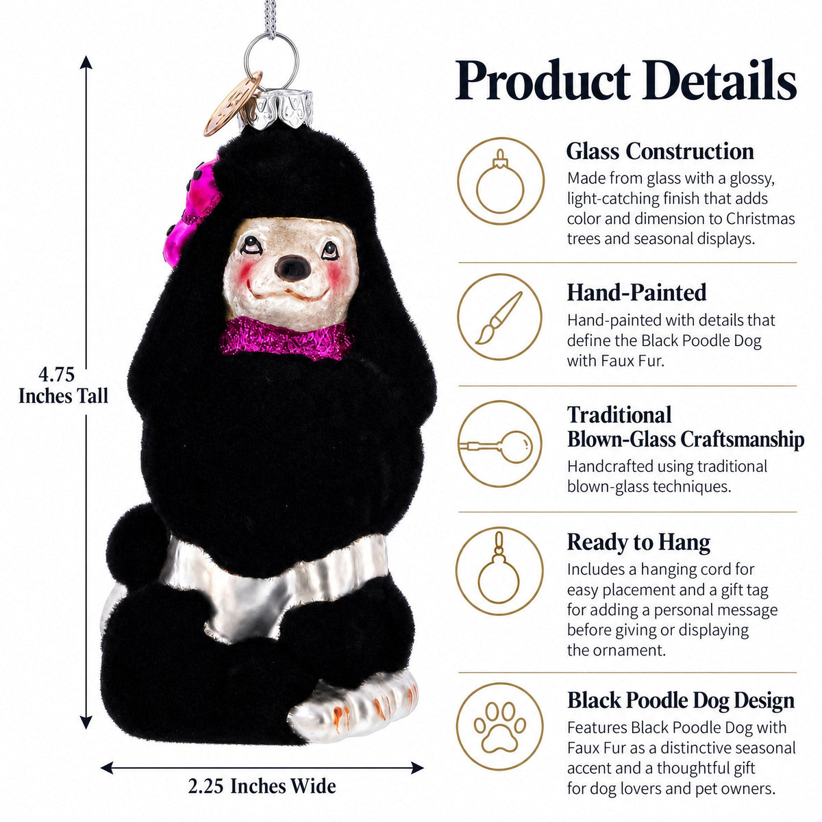 Black Poodle Dog with Faux Fur Glass Christmas Ornament
