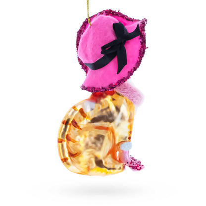 Lady Cat with Pink Hat Glass Christmas Ornament
