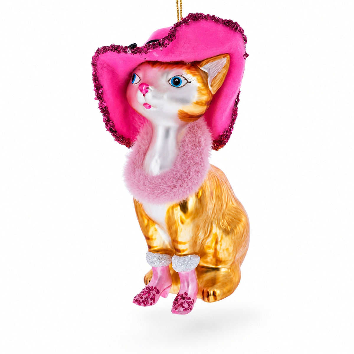 Lady Cat with Pink Hat Glass Christmas Ornament