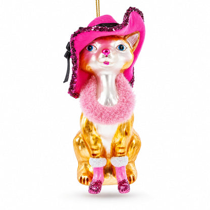 Lady Cat with Pink Hat Glass Christmas Ornament