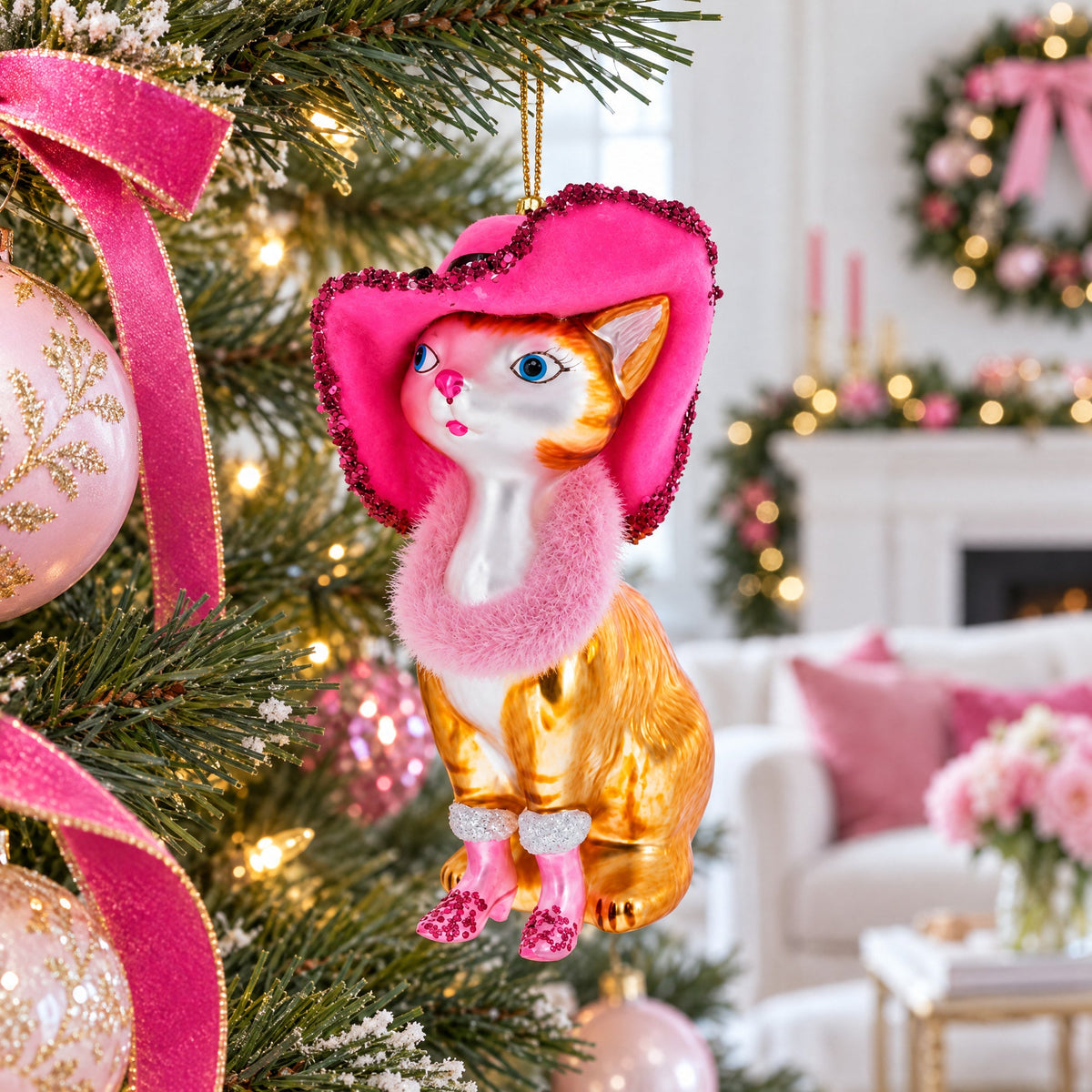 Lady Cat with Pink Hat Glass Christmas Ornament