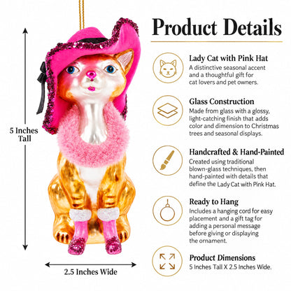 Lady Cat with Pink Hat Glass Christmas Ornament