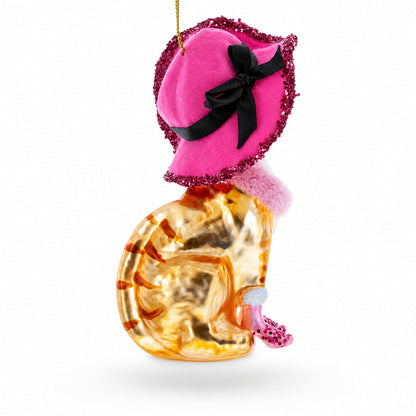 Lady Cat with Pink Hat Glass Christmas Ornament