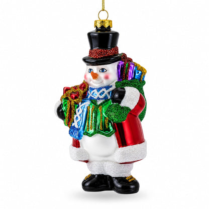 Snowman with Black Hat Glass Christmas Ornament