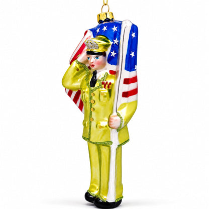 Patriotic Soldier with American Flag Glass Christmas Ornament