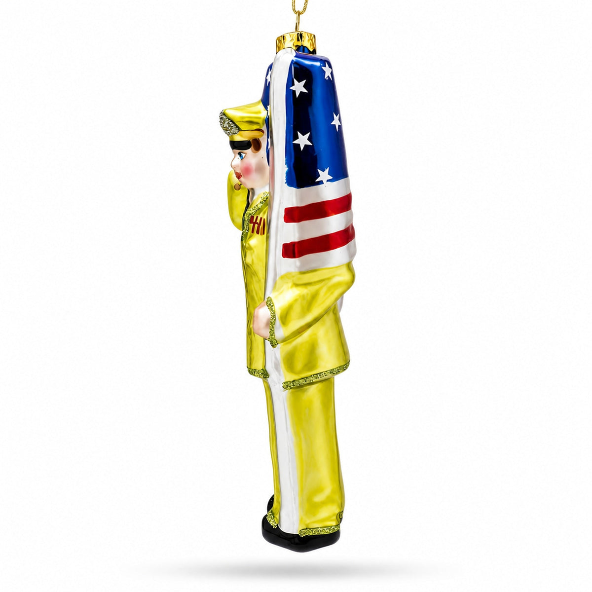 Patriotic Soldier with American Flag Glass Christmas Ornament
