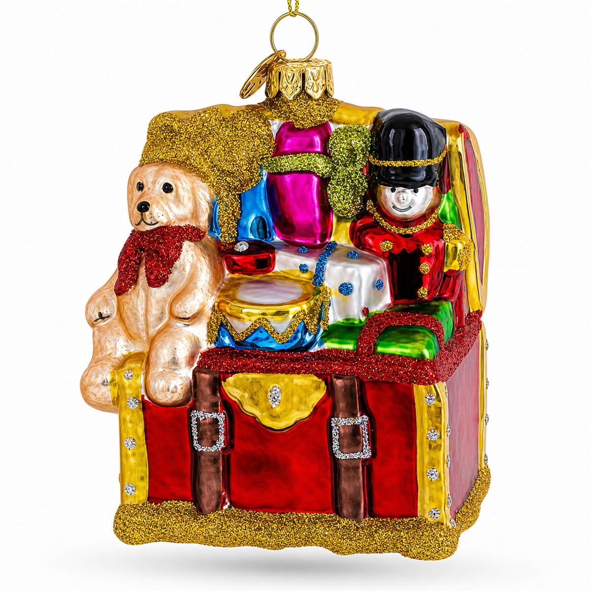 Teddy Bear, Nutcracker, and Gift Chest Glass Christmas Ornament