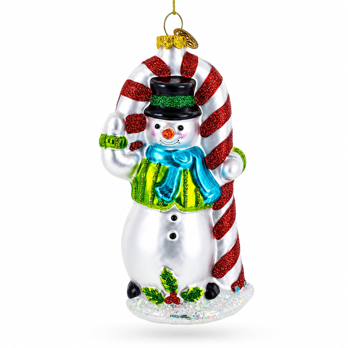 Snowman with the Mint Candy Cane Glass Christmas Ornament