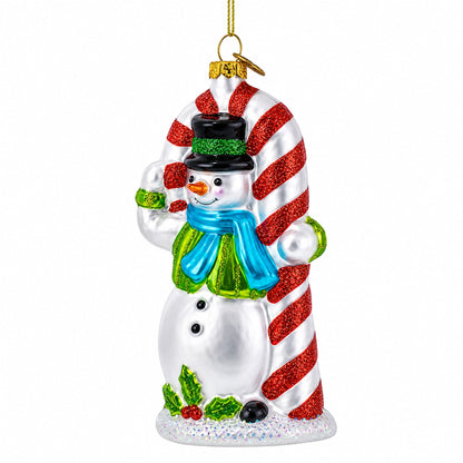 Snowman with the Mint Candy Cane Glass Christmas Ornament
