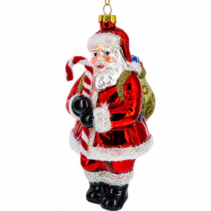 Classic Santa Holding a Candy Cane Glass Christmas Ornament