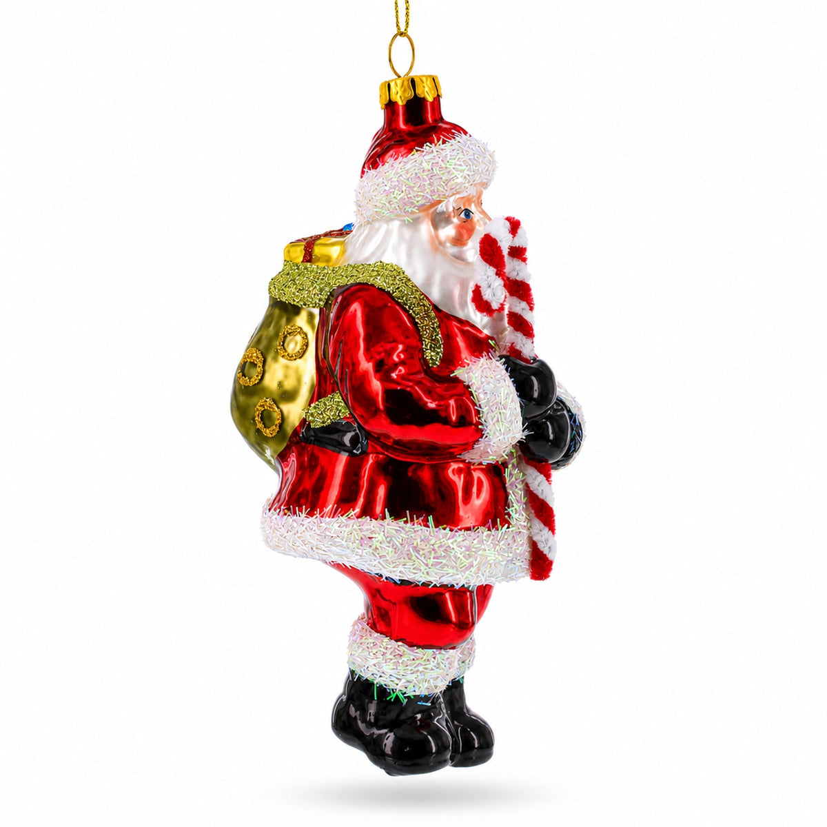 Classic Santa Holding a Candy Cane Glass Christmas Ornament