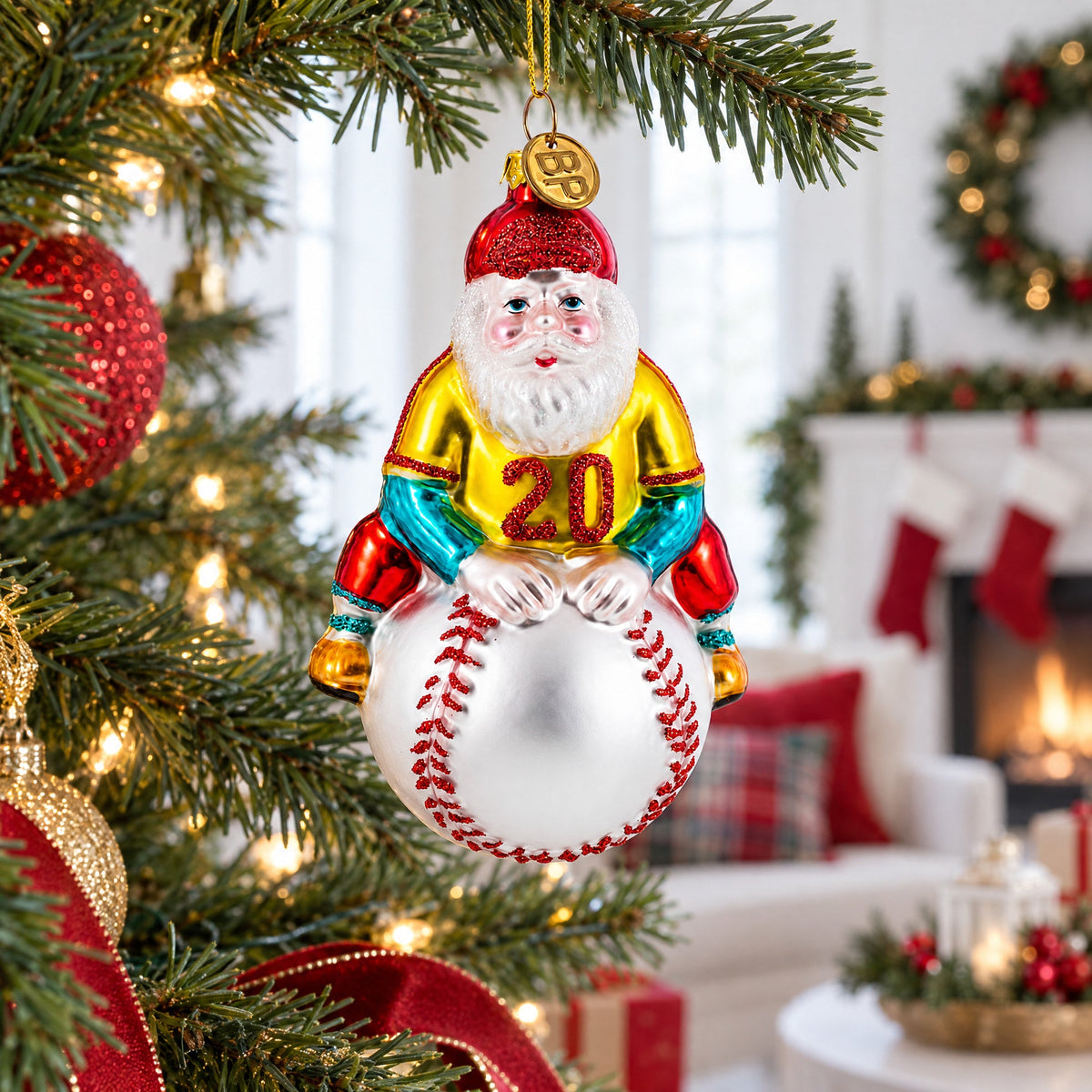 Baseball Santa with Jersey #20 Glass Christmas Ornament