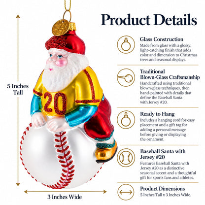 Baseball Santa with Jersey #20 Glass Christmas Ornament