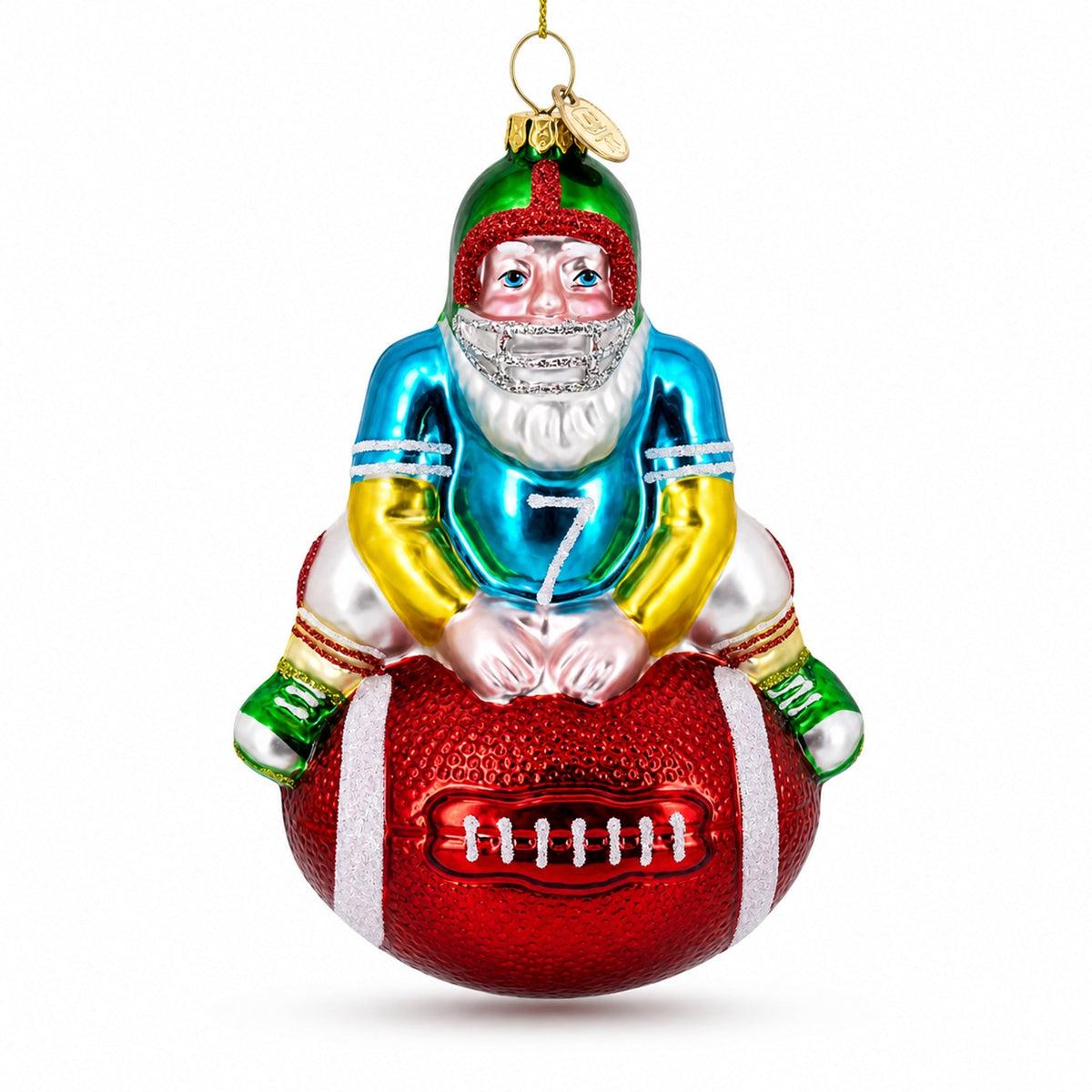 Football Santa the Quarterback Glass Christmas Ornament