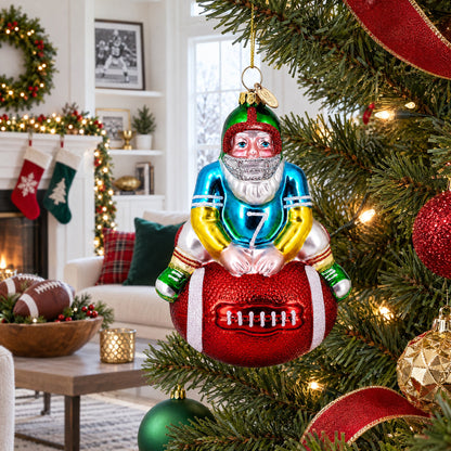 Football Santa the Quarterback Glass Christmas Ornament