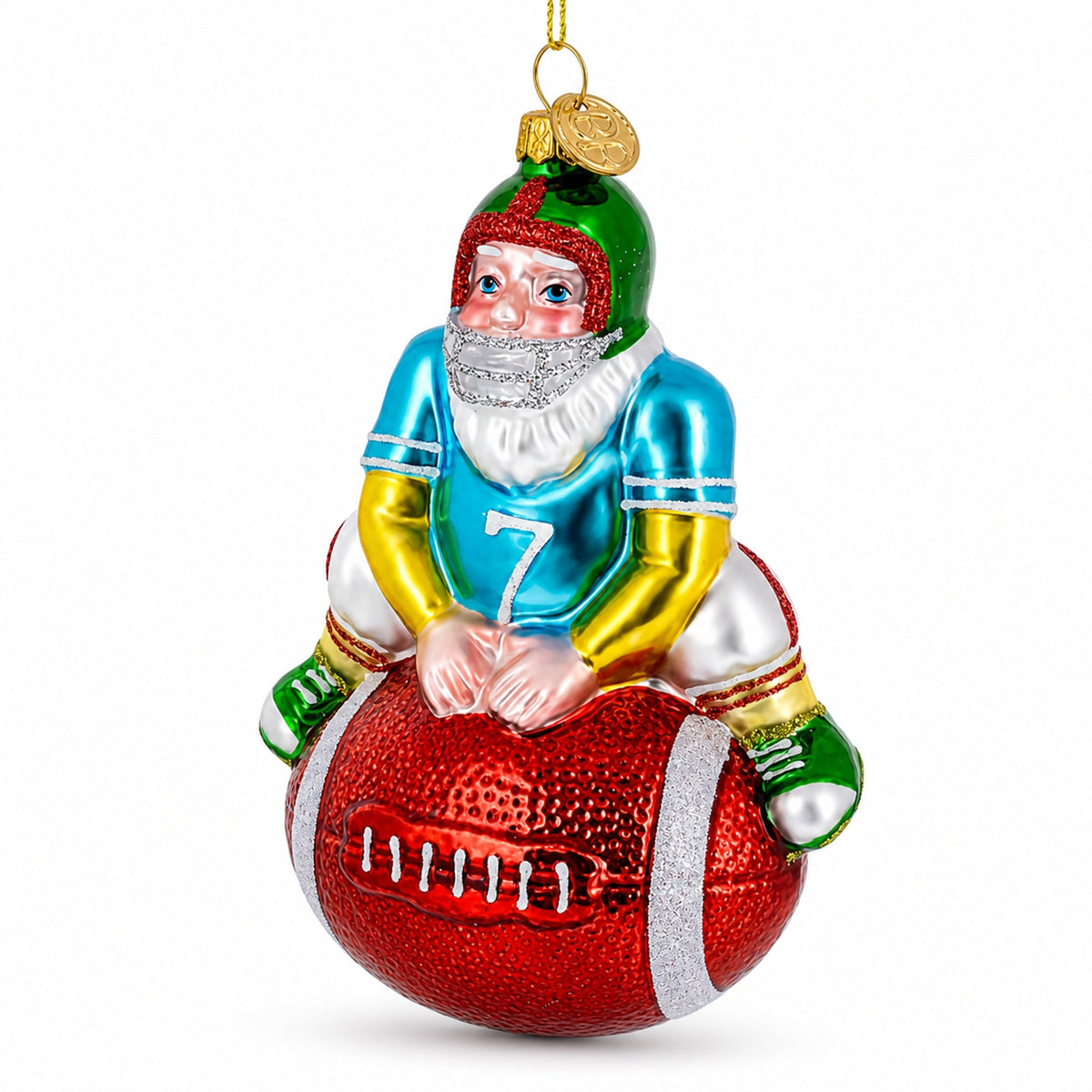 Football Santa the Quarterback Glass Christmas Ornament