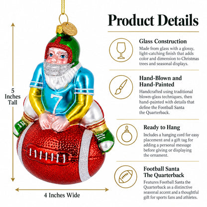 Football Santa the Quarterback Glass Christmas Ornament