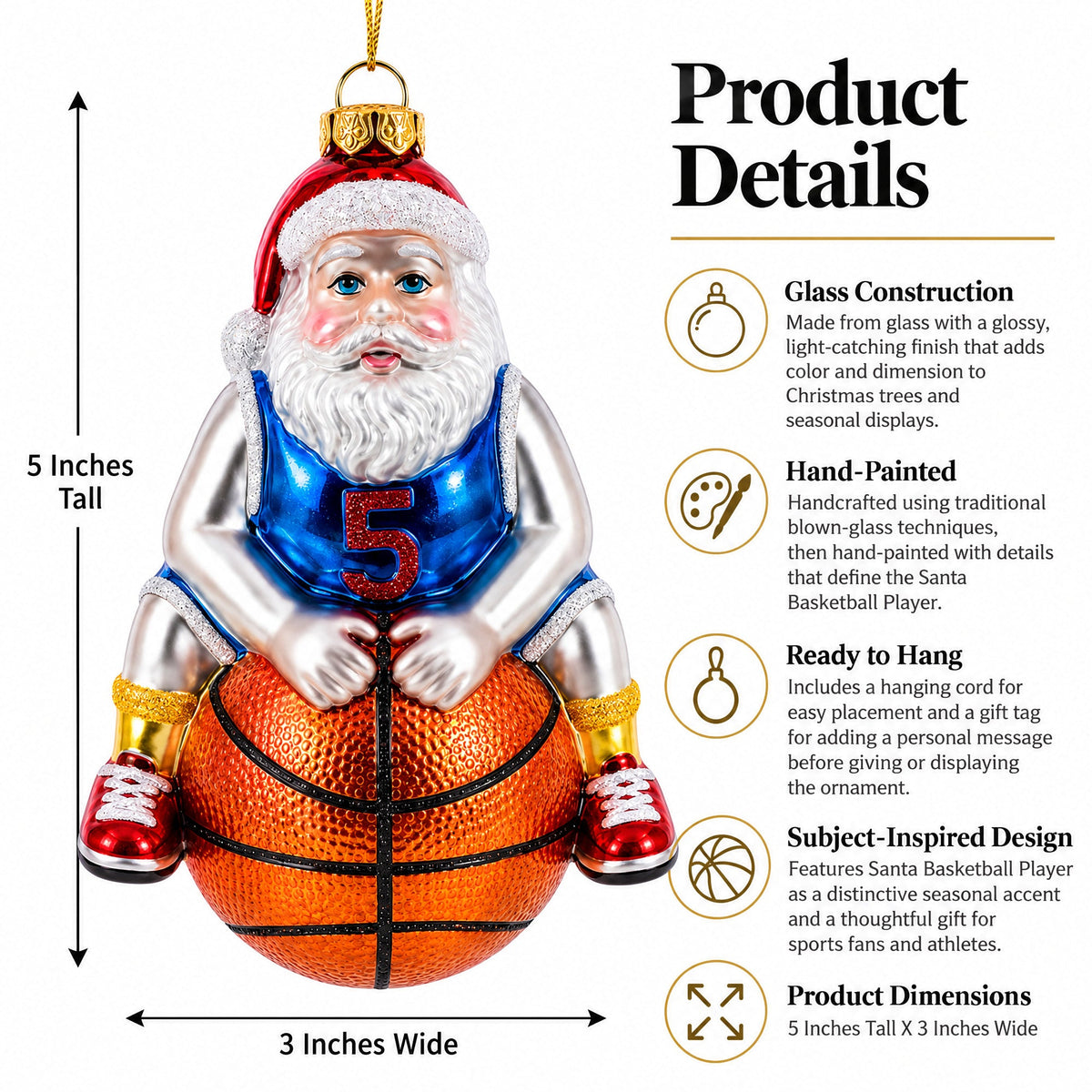 Santa Basketball Player Glass Christmas Ornament
