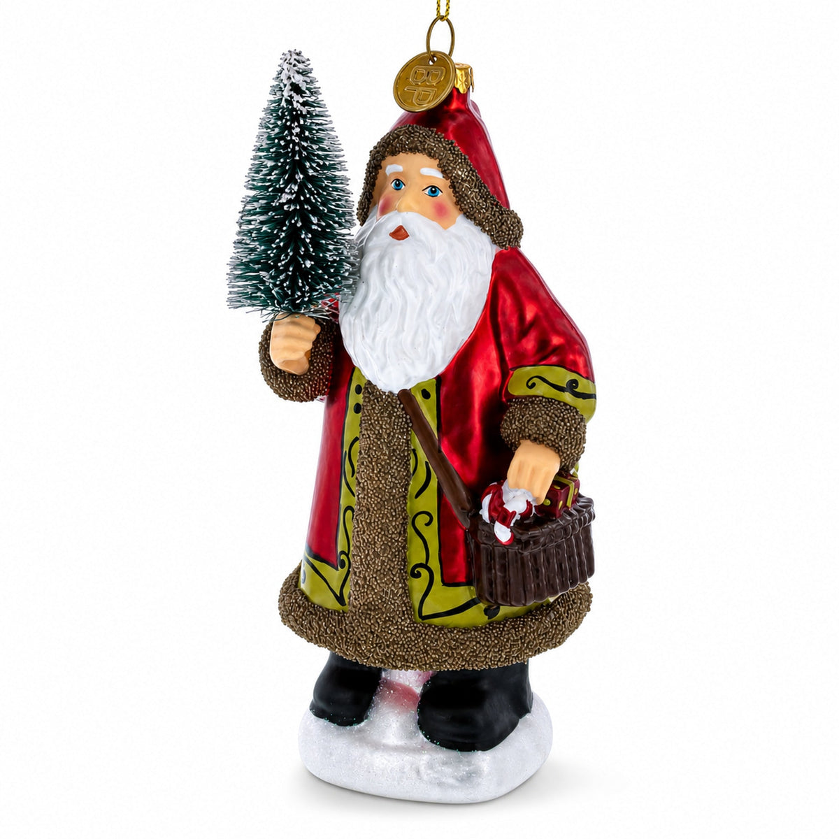 Santa with Fir Tree Glass Christmas Ornament