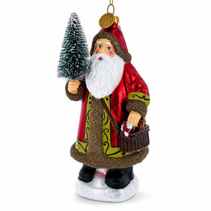 Santa with Fir Tree Glass Christmas Ornament