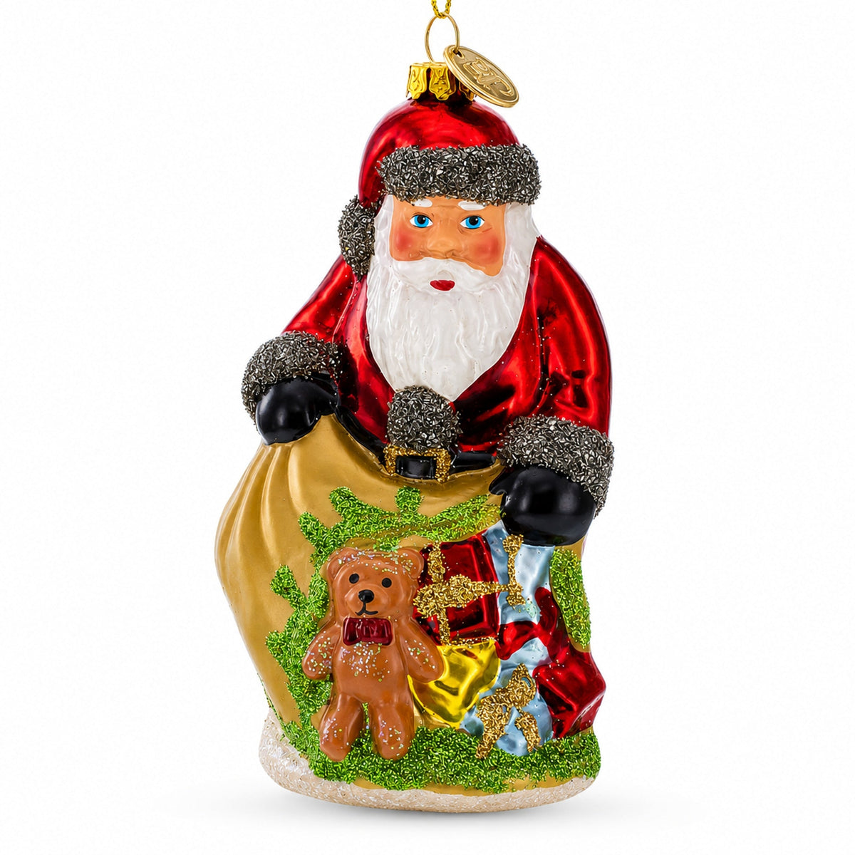 Santa with Toy Sack Glass Christmas Ornament