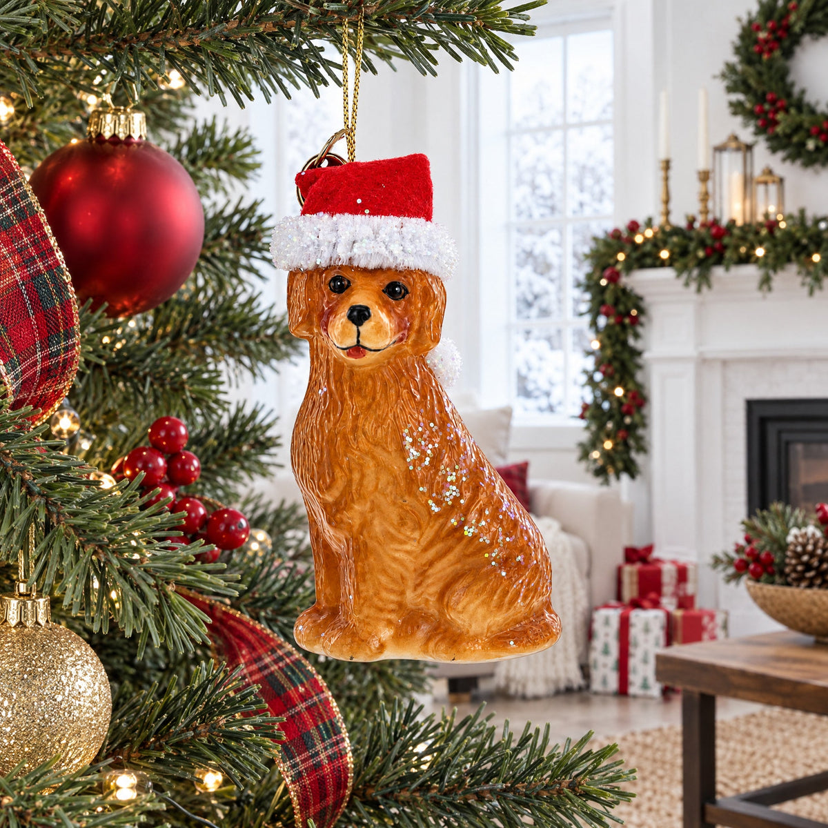 Golden Retriever in a Santa Hat Glass Christmas Ornament