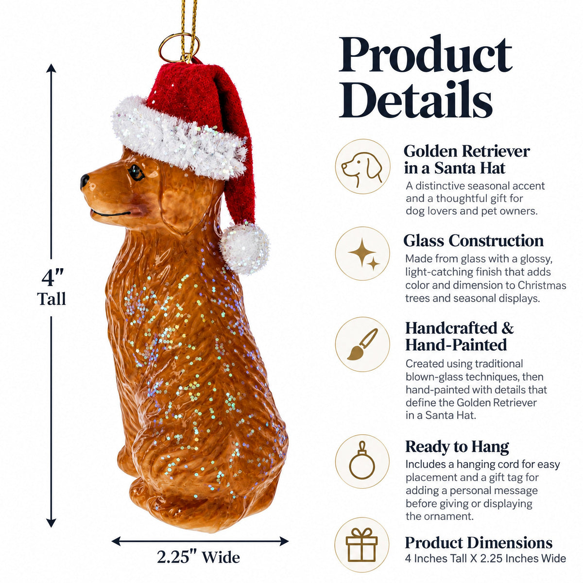 Golden Retriever in a Santa Hat Glass Christmas Ornament