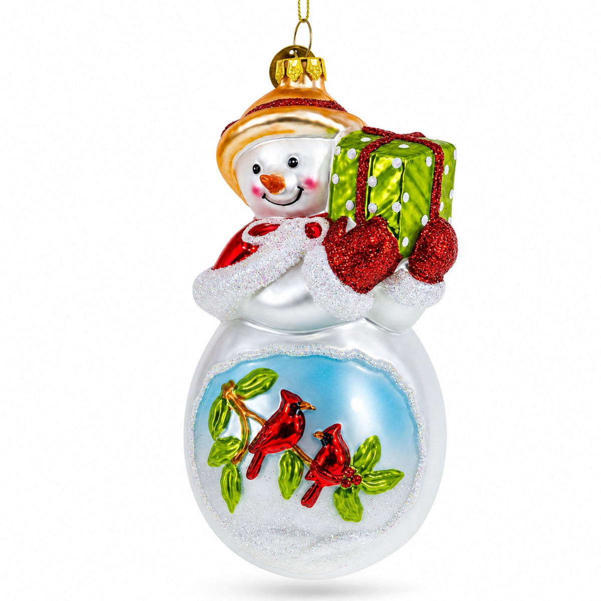 Snowman with Red Cardinals Holding a Gift Glass Christmas Ornament