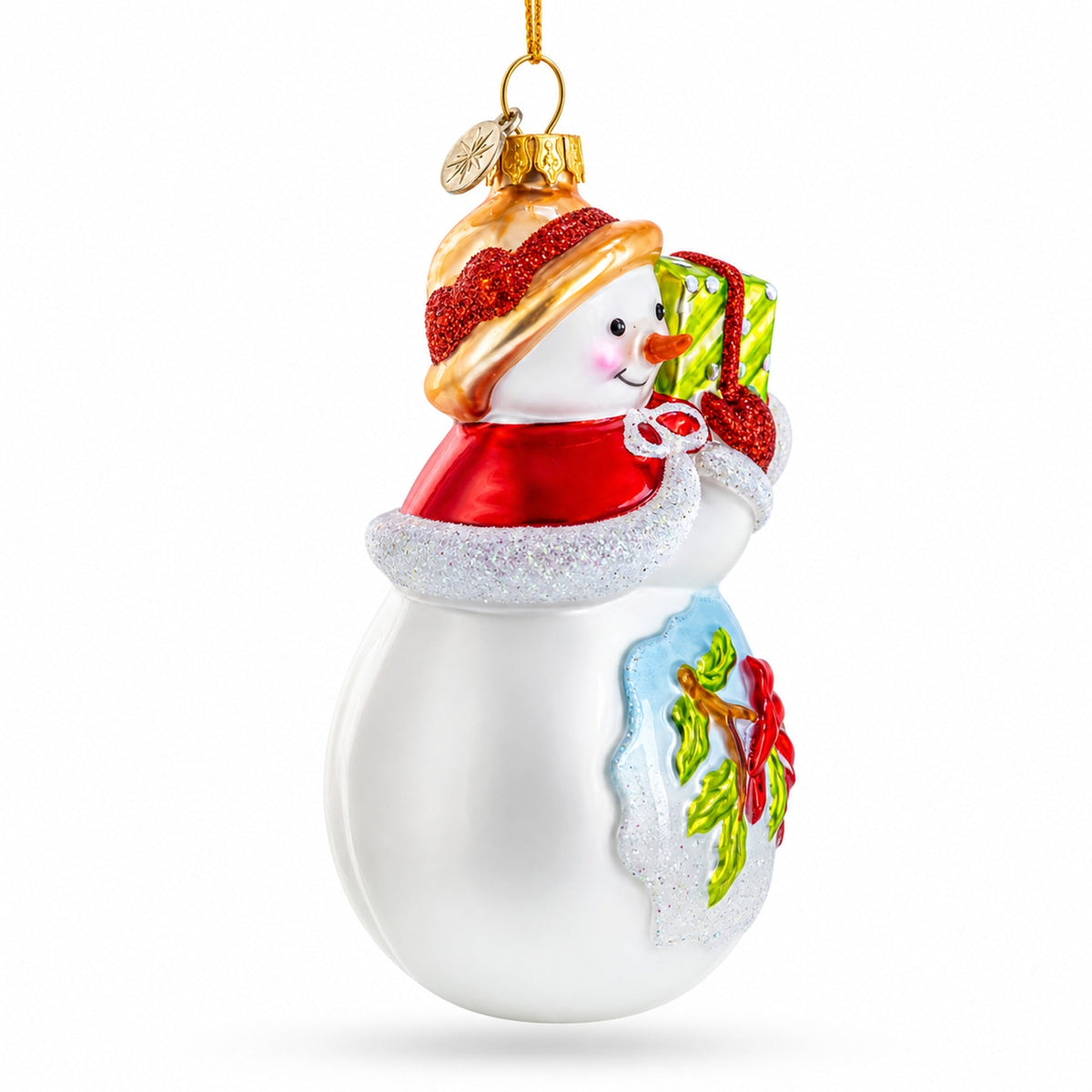 Snowman with Red Cardinals Holding a Gift Glass Christmas Ornament