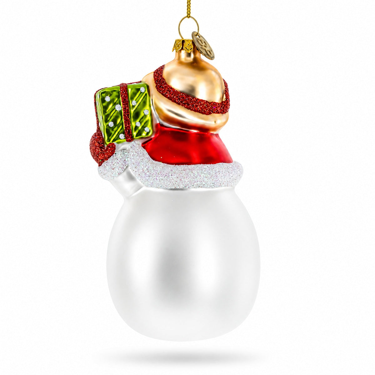 Snowman with Red Cardinals Holding a Gift Glass Christmas Ornament