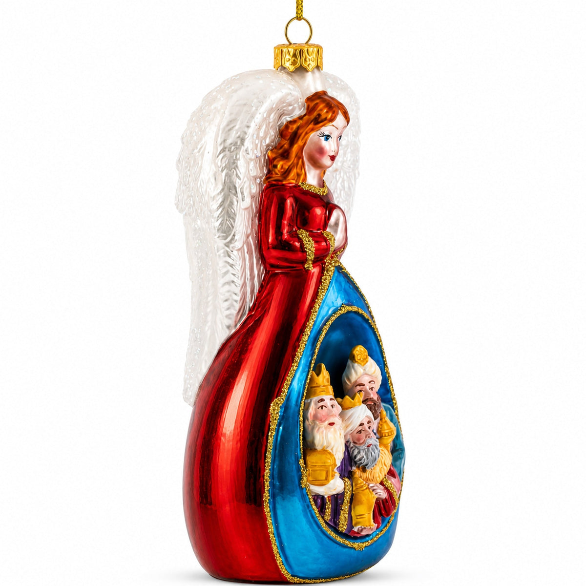 Angel with Three Wise Men Glass Christmas Ornament