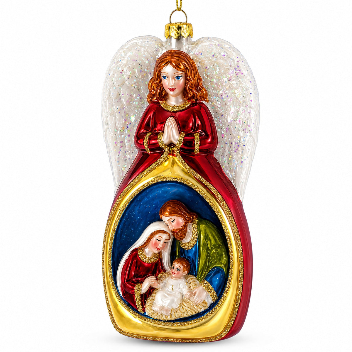 Guardian Angel over Nativity Glass Christmas Ornament