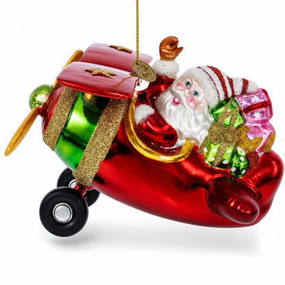 Santa Flying Airplane with Gifts Glass Christmas Ornament