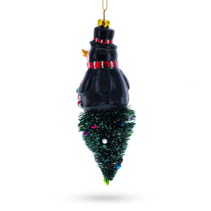 Penguin on Upside Down Tree Glass Christmas Ornament
