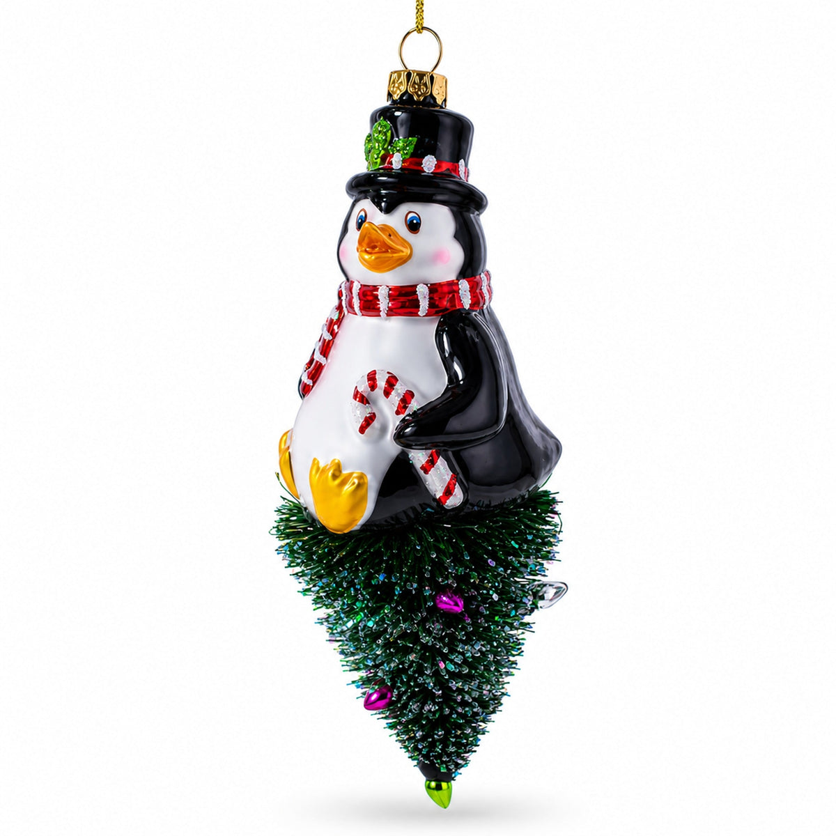 Penguin on Upside Down Tree Glass Christmas Ornament