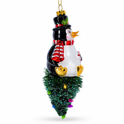 Penguin on Upside Down Tree Glass Christmas Ornament